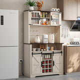 GlouMod Farmhouse Coffee Bar Cabinet with Sliding Barn Door, 70" Tall Kitchen Hutch China Cabinet w/Wine Rack, Power Outlet & Lighting, Liquor bar Station Food Pantry Storage Cabinet for Home, White GlouMod
