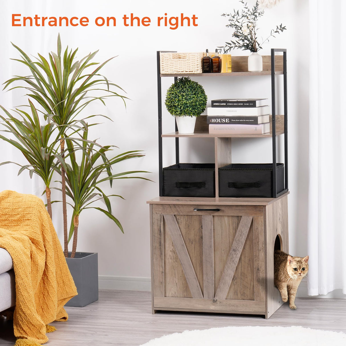 Dwanton Litter Box Enclosure with 2 Storage Shelves and 2 Drawers, 2-in-1 Hidden Cat Litter Box Enclosure Furniture with Shelf, Reversible Entrance, Washable Drawers, 50-Inch, Greige Dwanton