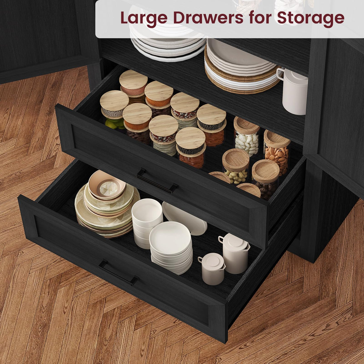 Quimoo 71" Farmhouse Tall Storage Cabinet with Barn Doors, Kitchen Pantry Cabinet with 2 Drawers & Adjustable Shelf, Pantry Storage Cabinet, for Kitchen, Living Room, Dining Room, Black Quimoo