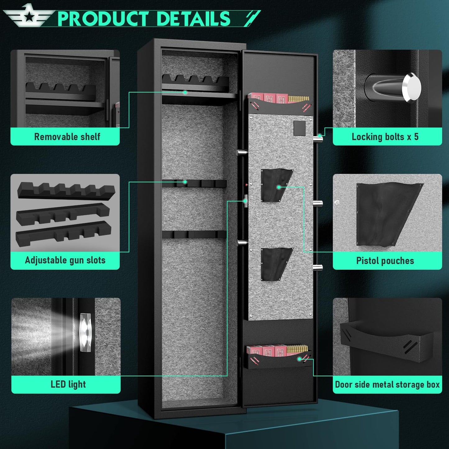 RIFLEWELL 5-6 Rifle Gun Safe, Digital Large Long Gun Safe for Home Rifle and Shotguns, Quick Access Gun Cabinets with LED Light, Rifle Safe with Adjustable Gun Rack and Removable Shelf