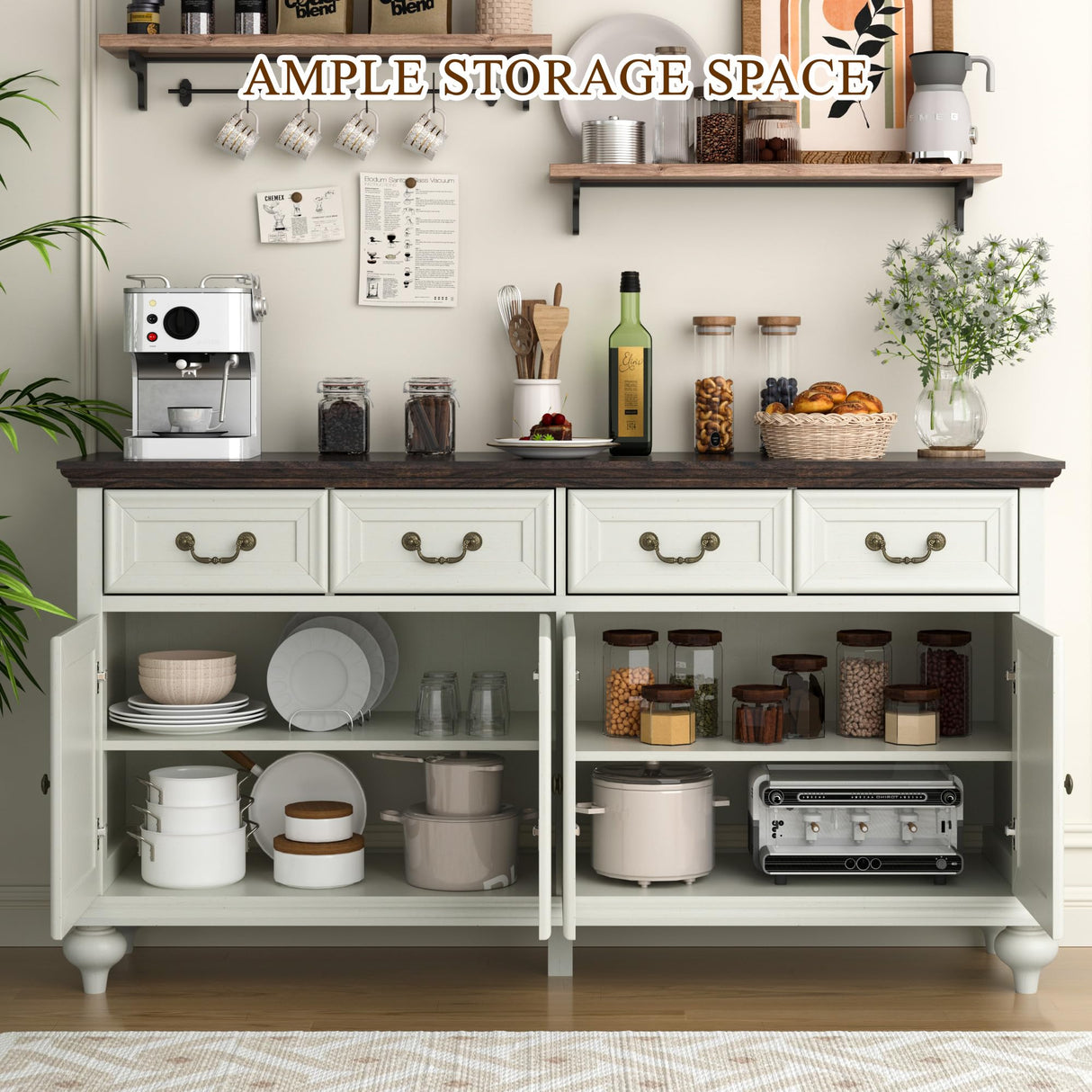 Yechen Sideboard Buffet Cabinet with Storage - 62" Large Buffet Cabinet with 4 Drawers & 4 Doors, Modern Farmhouse Coffee Bar Buffet Table with Wood Top for Kitchen, Dining Room, Living Room, White Yechen