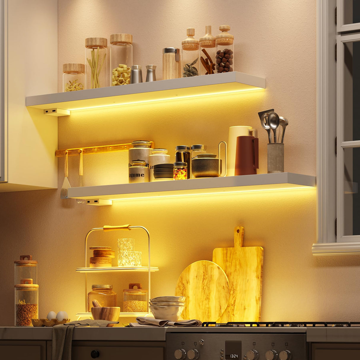 BAMEOS Floating Shelves with LED Lights, 31" White Wall Mounted Wooden Shelves with Invisible Brackets, Set of 2, Hanging Wall Shelves for Bedroom, Bathroom, Living Room and Kitchen Decoration BAMEOS