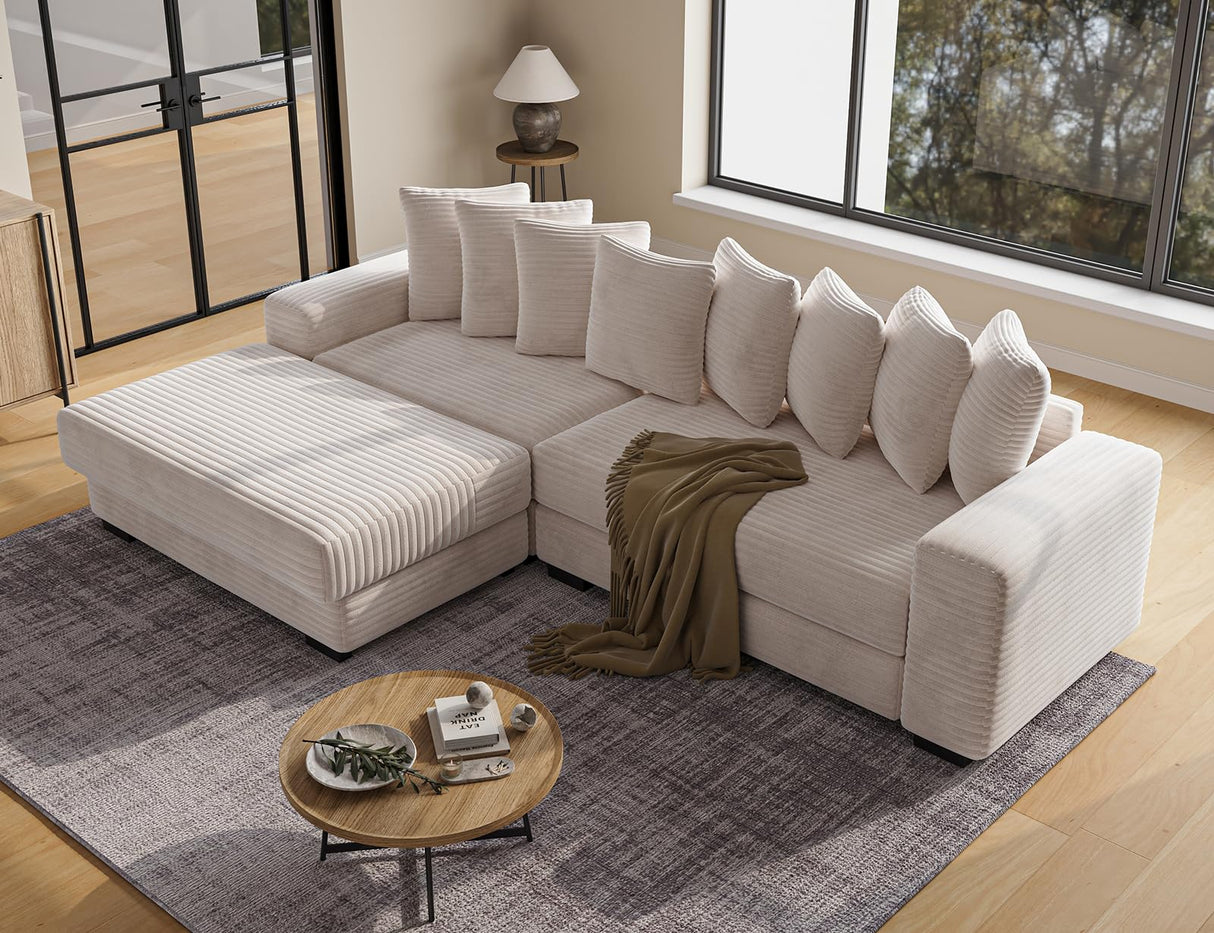 ohllob 110" Modular Sectional Sofa, L Shaped Couch with Chaise Lounge, Fluffy Corduroy Cloud Couch with Deep Seat for Living Room (Beige) ohllob