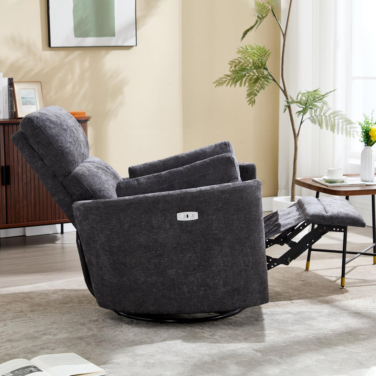 Recliner Swivel Glider Electric Rocking Chair with USB Port,Upholstered High Back Nursery Rocking Chair,Adult Power Recliner Chair with 2 Pillows for Living Room Bedroom(DRAK Grey, Power-Driven) choairy