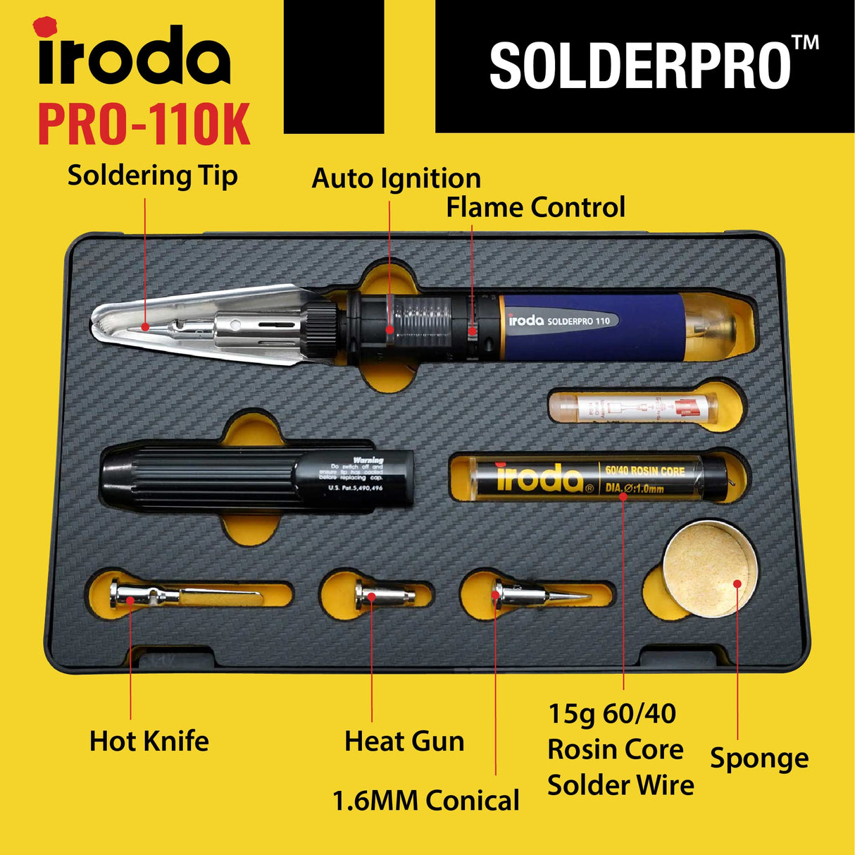 IRODA SOLDERPRO 110K Cordless Butane Soldering Iron Kit - 4-in-1 Portable Soldering Iron, Mini Torch, Heat Gun, Precision Heat Blower, 30-125W Adjustable, 100+ Min Runtime Iroda