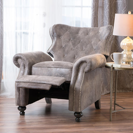 Mid Century Wingback Recliner, Fabric Push Back Recliner Chair Single Rolled Armchair Sofa with Rivet Decoration, Accent Chairs with Stable Hump Feet for Living Room (Brown Gray) Xinmviec
