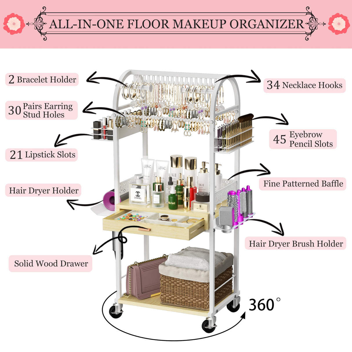 Xubialo Makeup Organizer Cart with Wood Drawers, Rolling Jewelry Holder Organizer and Storage- Hair Dryer Holder Hair Tool Organizer Jewelry Armoire Xubialo