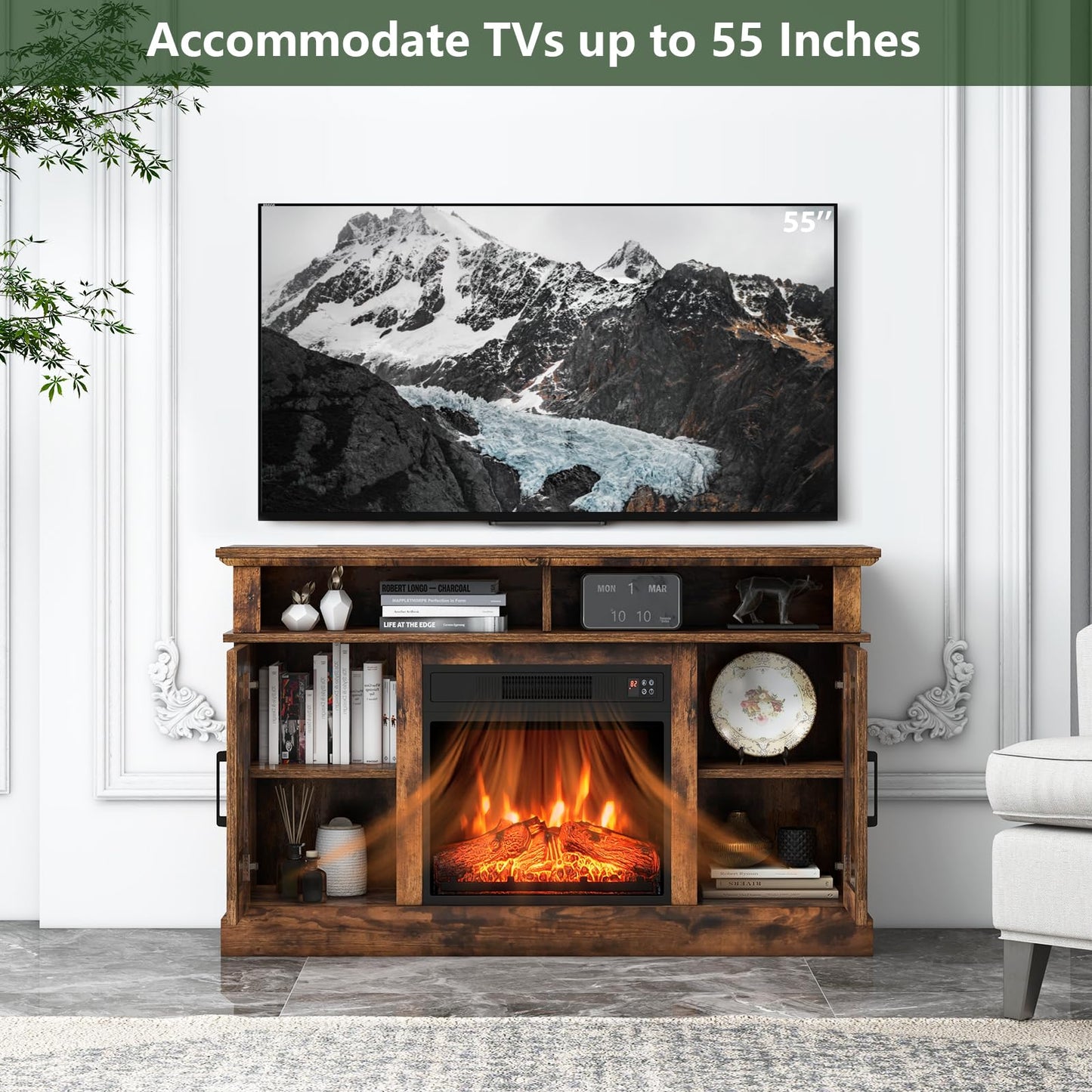 SIMOE Fireplace TV Stand for 55 TV, 48 Inch Tv Stand with 18 Inch Electric Fireplace Heater, Mondern Tv Console w/Cabinets & Doors, 6H Timer & Remote Control for Living Room, Home