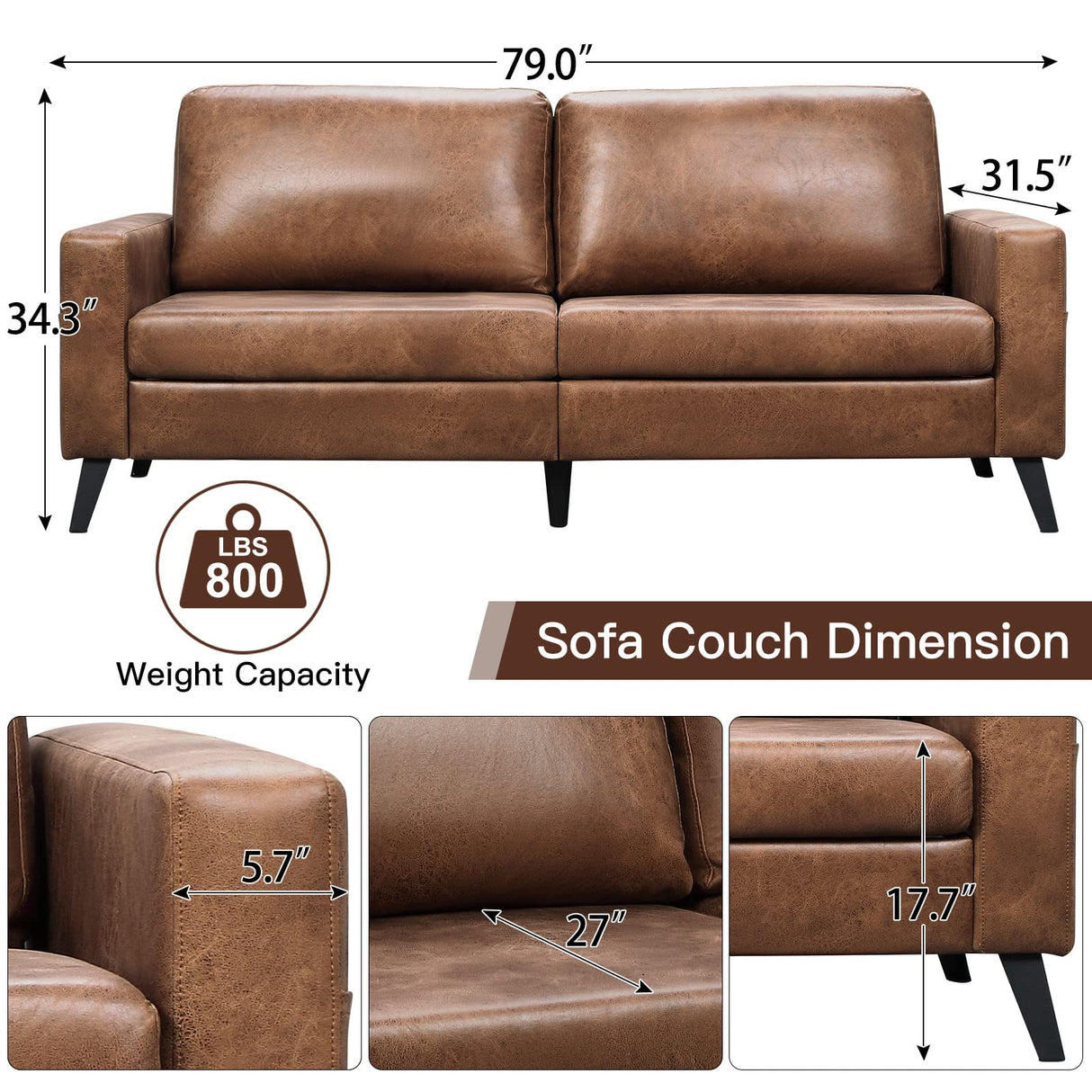 Esright 79 Inch Sofa Couch for Living Room, Small Couches, Faux Leather Loveseat, Mid Century Modern Sofas, Brown Comfy Love Seat for Bedroom, Apartment, Lounge, Office Esright