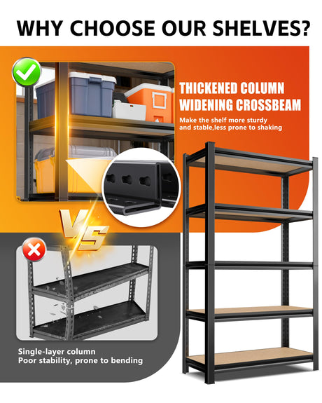 AOAORGG Set of 2 Heavy Duty Garage Shelving, 5-Tier Storage Shelves, 2000LBS Metal Shelf, Adjustable Shelving Unit, for Basement, Kitchen, Warehouse, Pantry, 15.7" Dx35.4 Wx71.2 H, Black AOAORGG