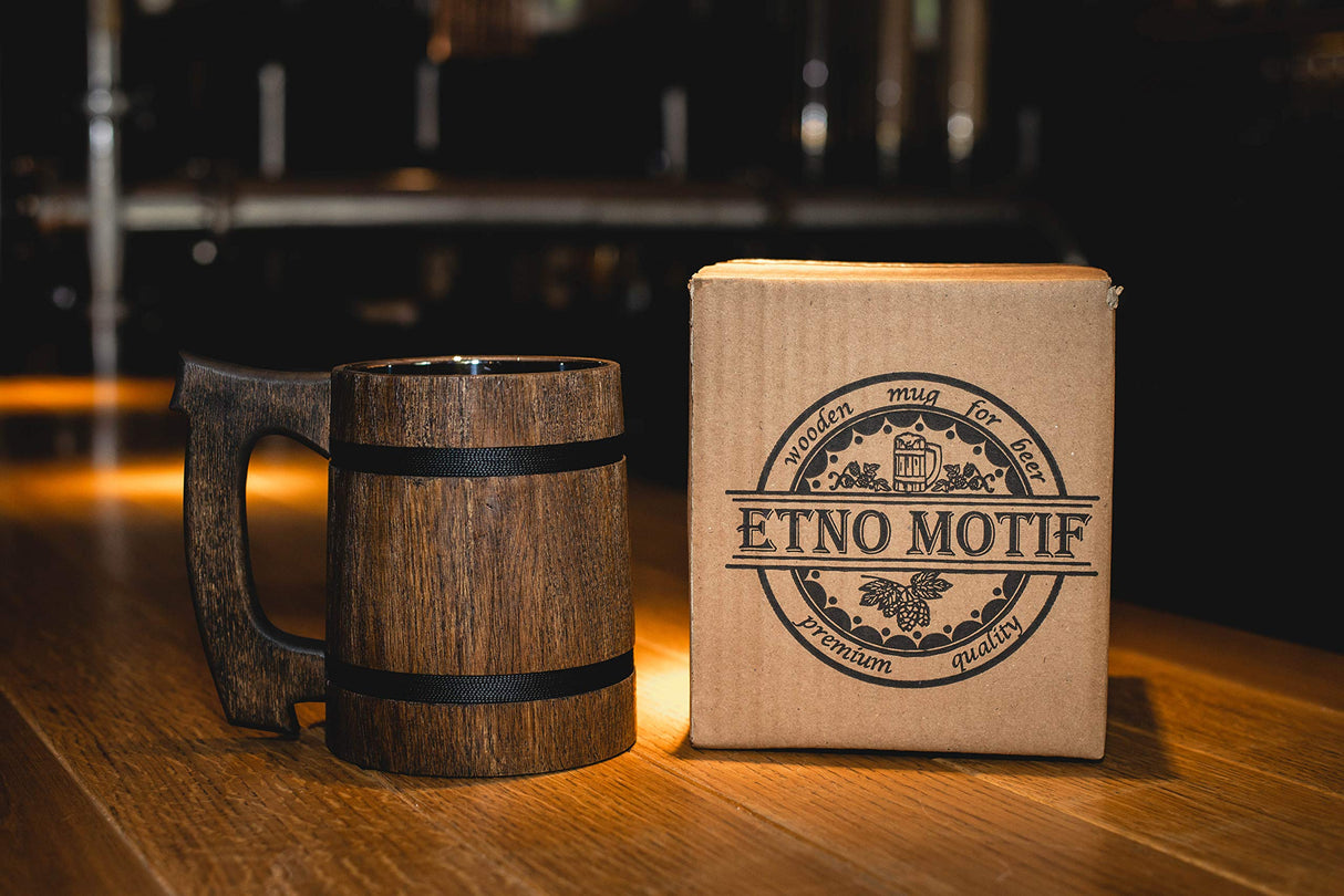 Old Style Viking Beer Mug Wooden Handmade Retro Brown Cup, Oak Beer Tankard - Wood Carving Beer Mug of Wood Eco Friendly Beer Mug for Men, Wooden Beer Tankard - Great Gift Idea Etno Motif