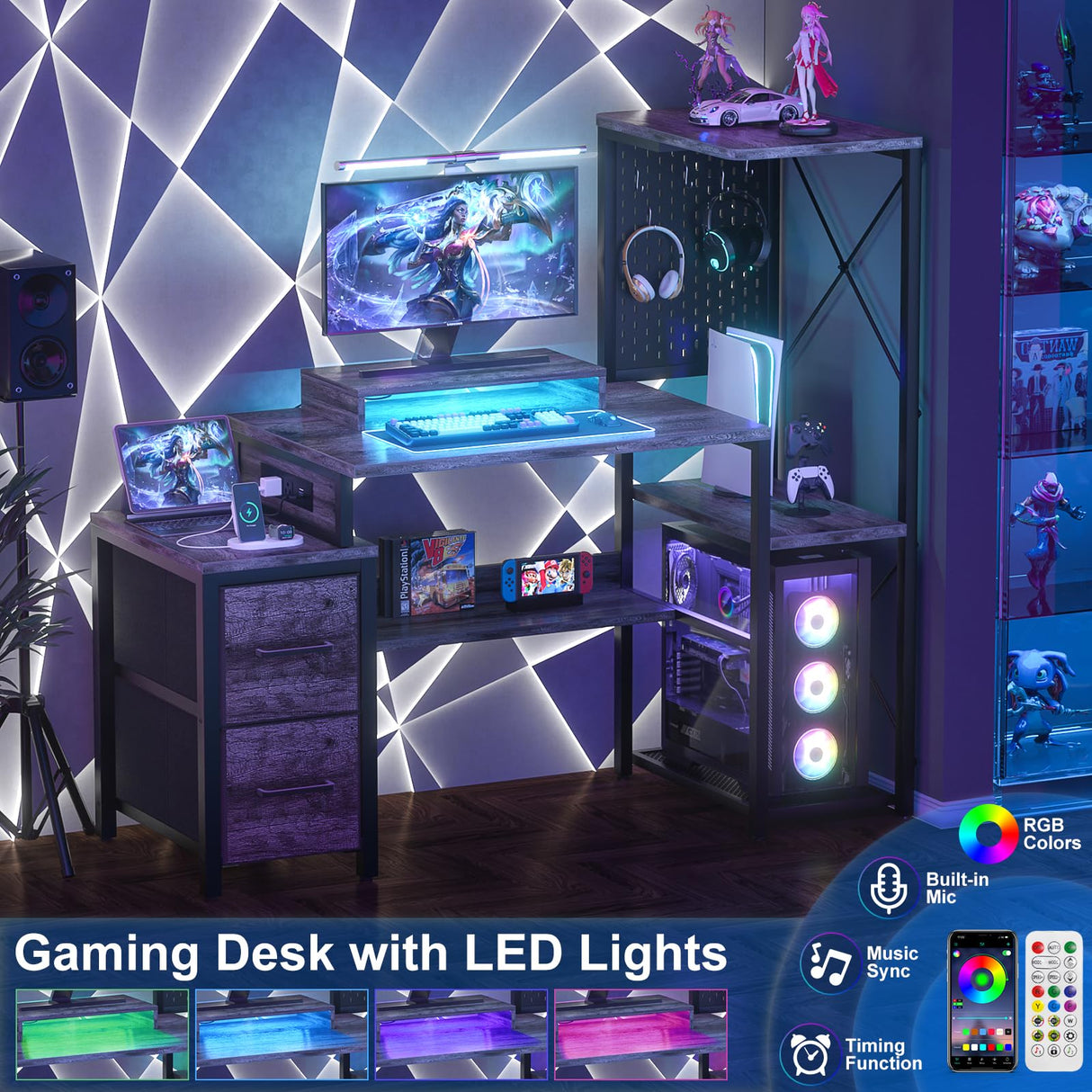 Small Gaming Desk with 2 Fabric Drawers - Reversible Computer Desk with Power Outlet & LED Lights, 49" Office Desk with Monitor Stand & Storage Shelves, Writing Study Table with Pegboard, Grey Oak Besiost