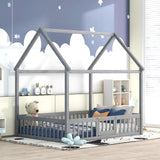 Harper & Bright Designs Grey Wash Full Montessori House Bed with Fence and Door for Kids Harper & Bright Designs