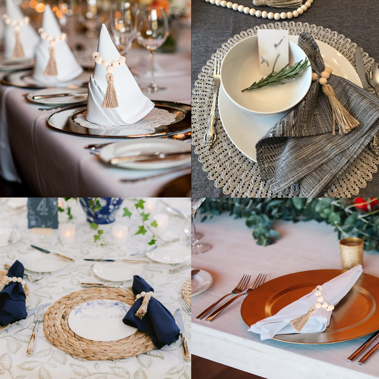 AEKAO Set of 12 Wood Bead Napkin Rings with Jute Rope Tassels for Christmas Farmhouse Wedding Home Dining Table Party Decoration AEKAO