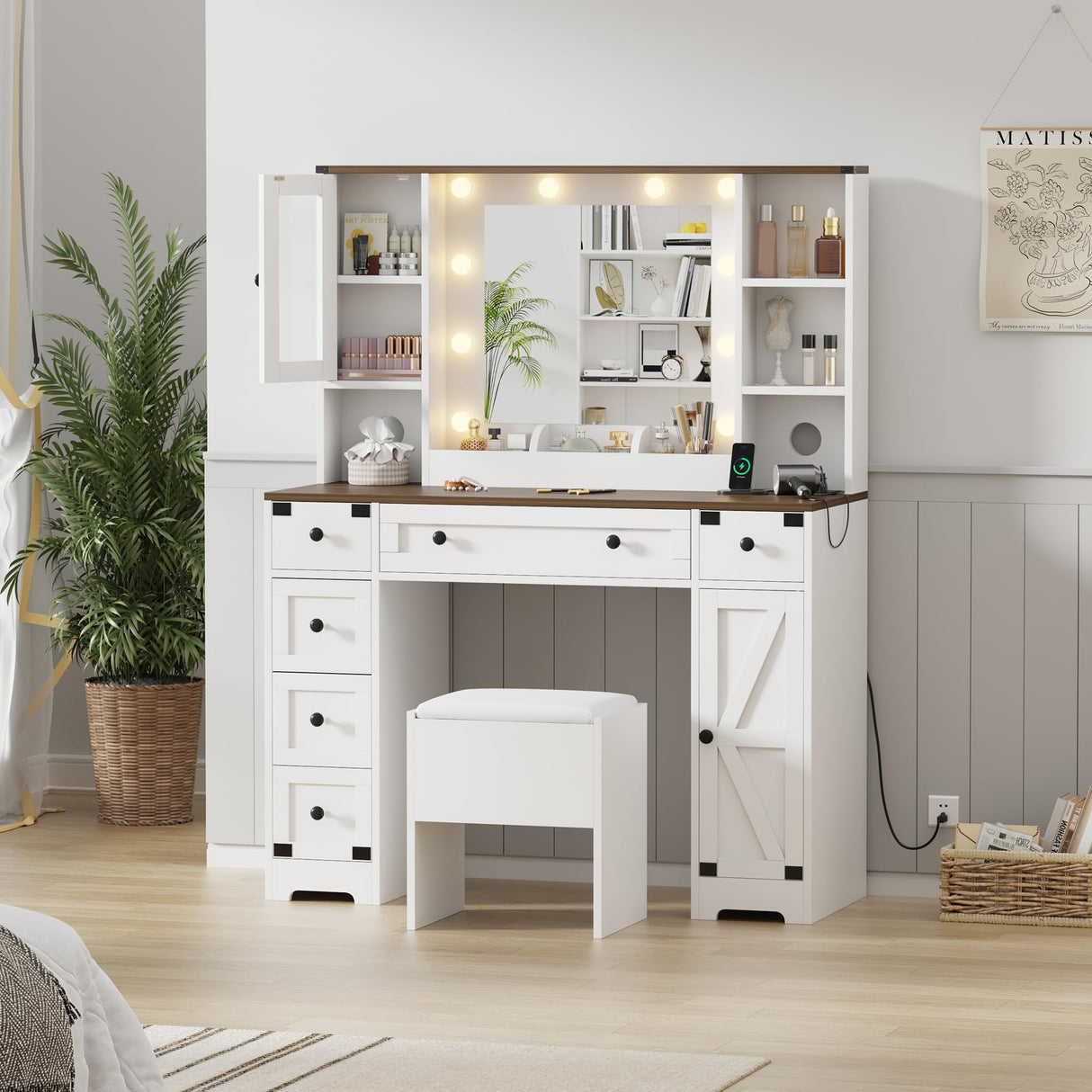 GarveeHome Makeup Vanity and Stool, Vanity Desk with Lights in 3 Colors, White Vanity Table with Charging Station, 6 Drawers and Cabinets GarveeHome