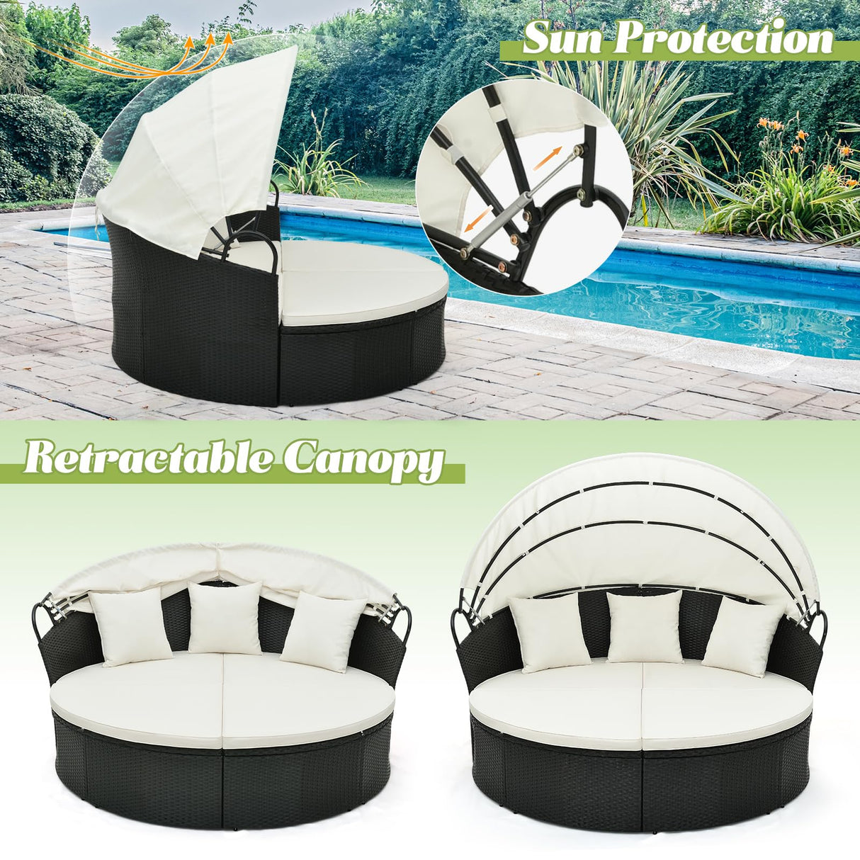 RELAX4LIFE Round Outdoor Daybed with Canopy - Wicker Rattan Sectional Sofa Sunbed w/Cushions & 3 Pillows, Clamshell Conversation Lounger Separated Seating Set for Garden Porch, Patio Day Bed (Beige) RELAX4LIFE