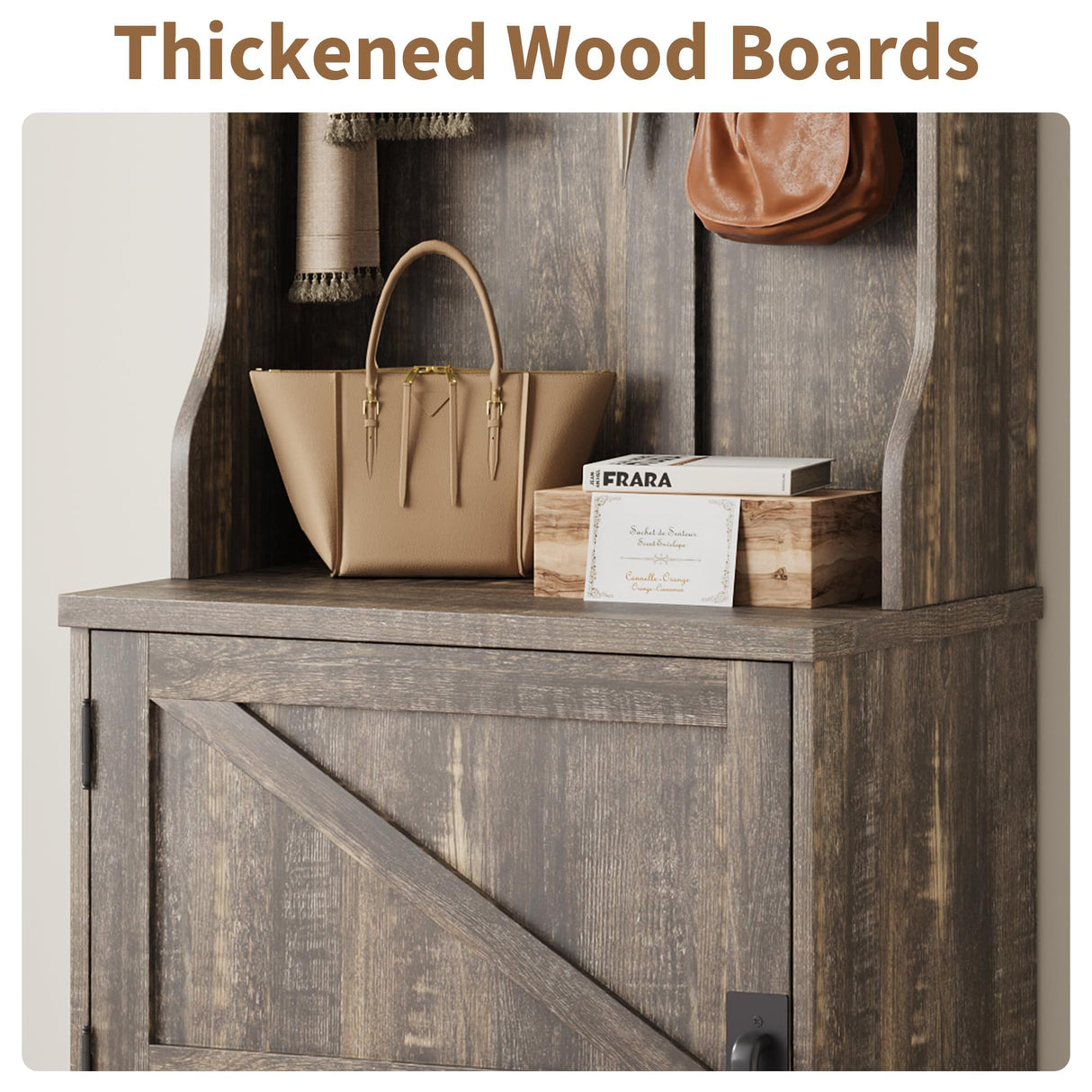 IDEALHOUSE Farmhouse Narrow Hall Tree with Bench, 23.6" Small Entryway Organizer with 5 Hooks, 2 Cubbies & Barn Door Shoe Storage Cabinet for Apartment, Mudroom, Hallway, Grey IDEALHOUSE