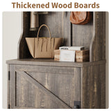 IDEALHOUSE Farmhouse Narrow Hall Tree with Bench, 23.6" Small Entryway Organizer with 5 Hooks, 2 Cubbies & Barn Door Shoe Storage Cabinet for Apartment, Mudroom, Hallway, Grey IDEALHOUSE