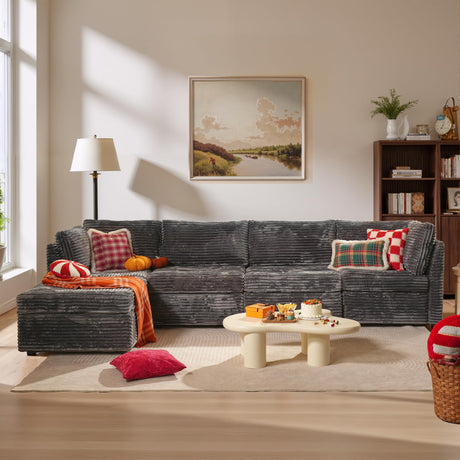 ovios Modular Sectional Sofa Couch with L-Shape Chaise Ottoman, Comfy Plush Corduroy Cloud Couches, Modern Deep Seat Sofas Set for Living Room, 5-Seater, Grey ovios