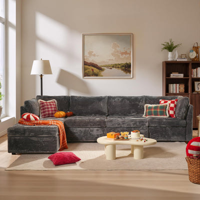 ovios Modular Sectional Sofa Couch with L-Shape Chaise Ottoman, Comfy Plush Corduroy Cloud Couches, Modern Deep Seat Sofas Set for Living Room, 5-Seater, Grey