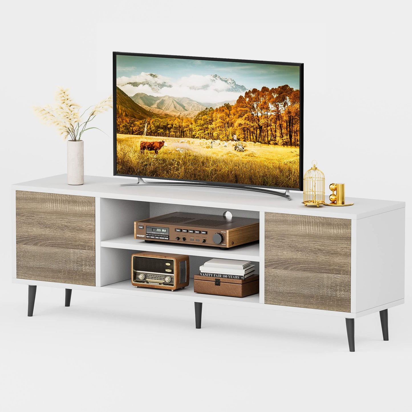 JUMMICO TV Stand for 65 Inch TV, Modern Entertainment Center with Storage Cabinet and Open Shelves, TV Console Table Media Cabinet for Living Room, Bedroom and Office (Oak)