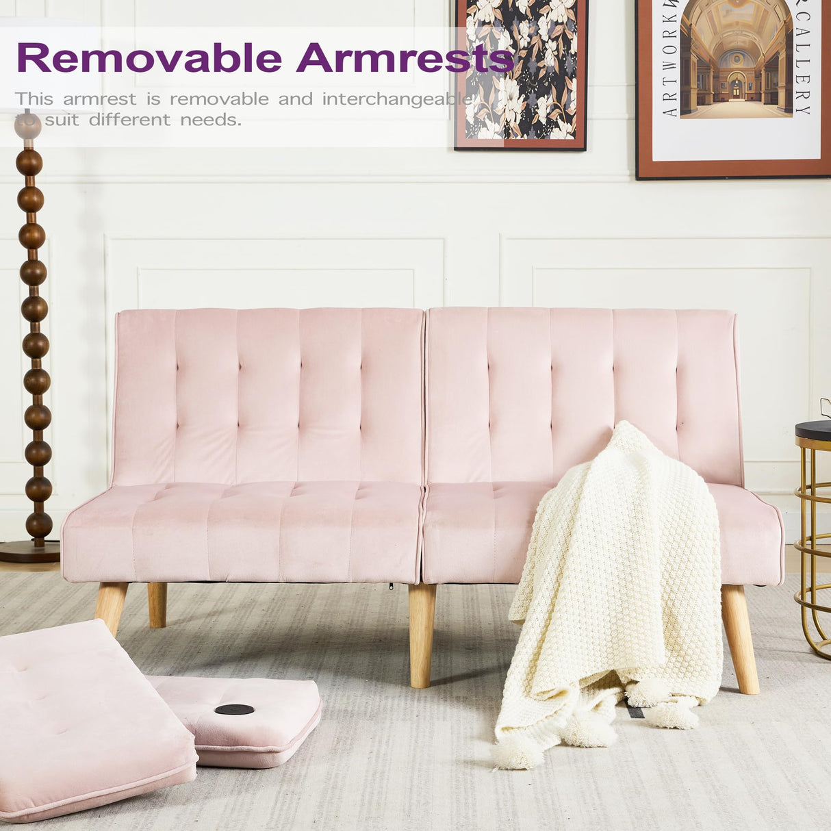 TYBOATLE 65" W Velvet Modern Convertible Folding Futon Couch Sofa Bed w/ 2 USB Charging Ports and arms, Loveseat for Compact Living Space, Dorm, Game Studio, Bonus Room, Apartment, Bedroom (Pink) TYBOATLE