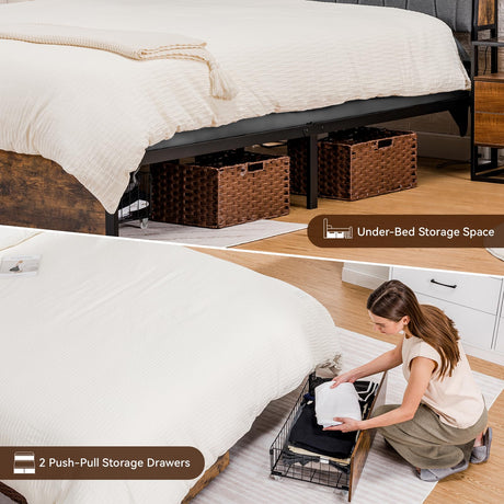 COMHOMA Platform Bed Frame with LED Lights and Charging Station, Storage Headboard and Footboard Drawers, No Box Spring Needed, Rustic Wood Look (Queen) COMHOMA