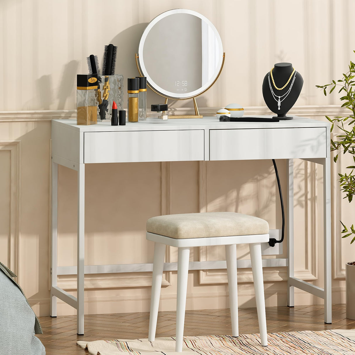 Treocho Computer Desk with USB Charging Ports and Power Outlets, Modern Simple 40 inch White Desk with 2 Drawers, Vanity Desk, Makeup Table for Home Office, Bedroom Treocho