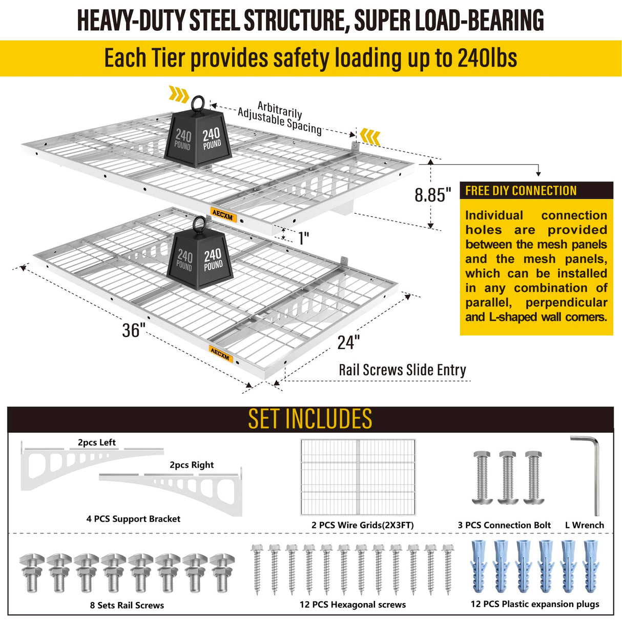 Aecxm 2x3ft 2Pack Wire Shelving Unit Heavy Duty Garage Storage Shelves Wall Mounted White 560lbs Load Capacity（24-inch-by-36-inch） Aecxm