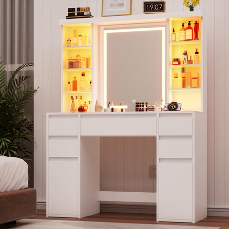 COWMOU Tall Vanity Desk with LED Mirror and RGB Lights Shelves, White Makeup Vanity with Power Outlet, Vanity Table with 5 Sliding Drawers & 2 Cabinets for for Bedroom and Dressing Room COWMOU