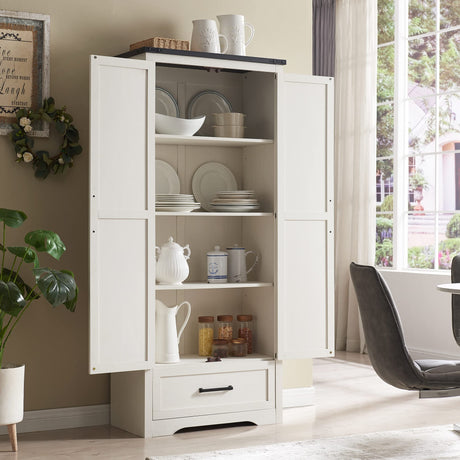 JXQTLINGMU 72" Tall Farmhouse Kitchen Pantry with Adjustable Shelves, Large Wood Kitchen Storage Cabinets with 2 Barn Doors & Drawer, Versatile Storage for Dining Room, Bathroom, Antique White JXQTLINGMU