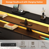 Furnulem Full Size Bed Frame with Headboard & 2 Fabric Drawers, Full Platform Bed Featuring LED Lights, Built-in Charging Station & Storage Shelves, Metal Slats, No Box Spring Needed – Black Oak Furnulem