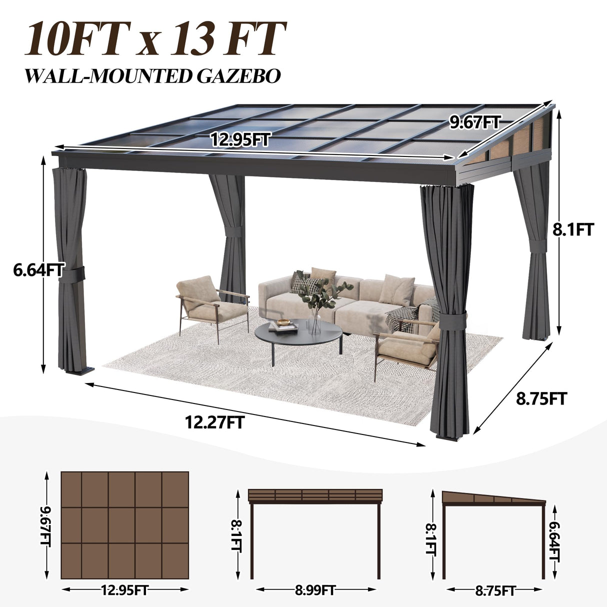 GARTOO 10’ x 13’ Upgraded Wall-Mounted Gazebo, Aluminum Outdoor Patio Lean to Gazebo Pergola with Roof, Gazebo Canopy Awnings to House for Garden, Lawn, Backyard Deck and More GARTOO