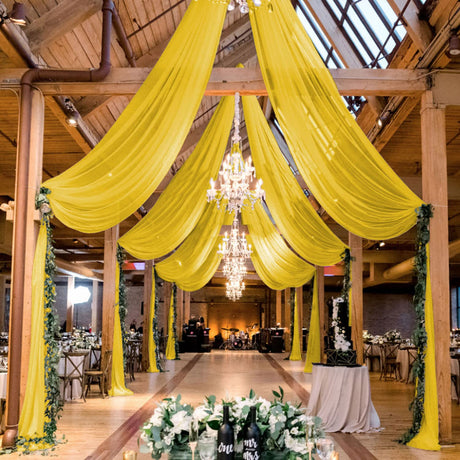 MODFUNS Ceiling Drapes for Parties Gold Ceiling Draping Fabric 5x20ft 4 Panels Sheer Wedding Arch Drapery Chiffon Stage Curtain Tent Ceiling Drape for Reception Banquet Arbor Ceiling Decoration MODFUNS
