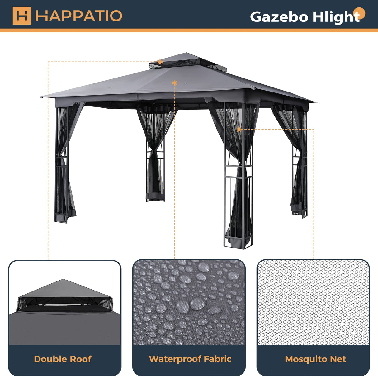 HAPPATIO 10' X 12' Patio Gazebo with Ventilation Double Roof，Outdoor Gazebo with Mosquito Netting for Lawn, Garden (Grey) HAPPATIO