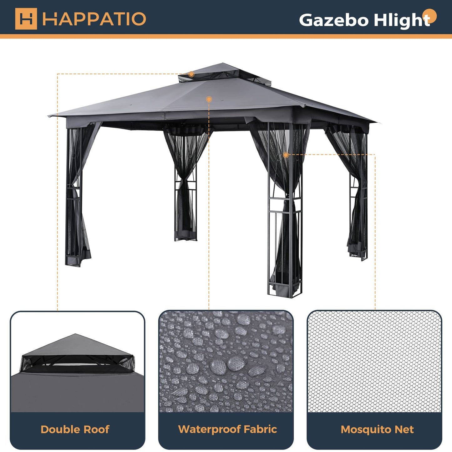 HAPPATIO 10' X 12' Patio Gazebo with Ventilation Double Roof，Outdoor Gazebo with Mosquito Netting for Lawn, Garden (Grey) - WoodArtSupply