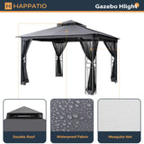 HAPPATIO 10' X 12' Patio Gazebo with Ventilation Double Roof，Outdoor Gazebo with Mosquito Netting for Lawn, Garden (Grey) HAPPATIO