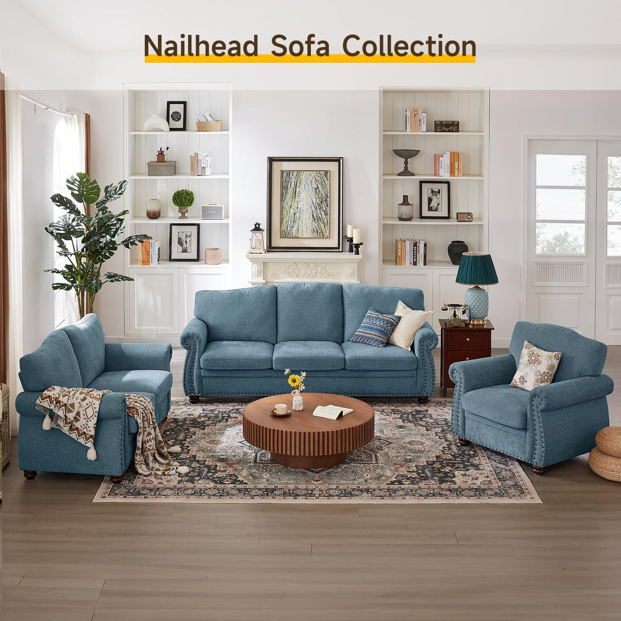 ONBRILL Nailhead Trim Armchair, Rolled Arm Accent Chair for Living Room, Comfy Chenille Club Sofa Chair w/Springs Cushions & Wood Legs, Traditional Single Couch Chair for Apartment, Farmhouse, Teal ONBRILL