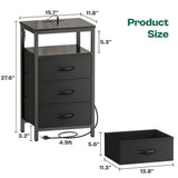 Huuger Night Stand with Charger Station and LED Lights, 3 Drawer Nightstand, Bed Side Table with Open Shelf, End Table, Tall Fabric Dresser for Bedroom, Black Huuger