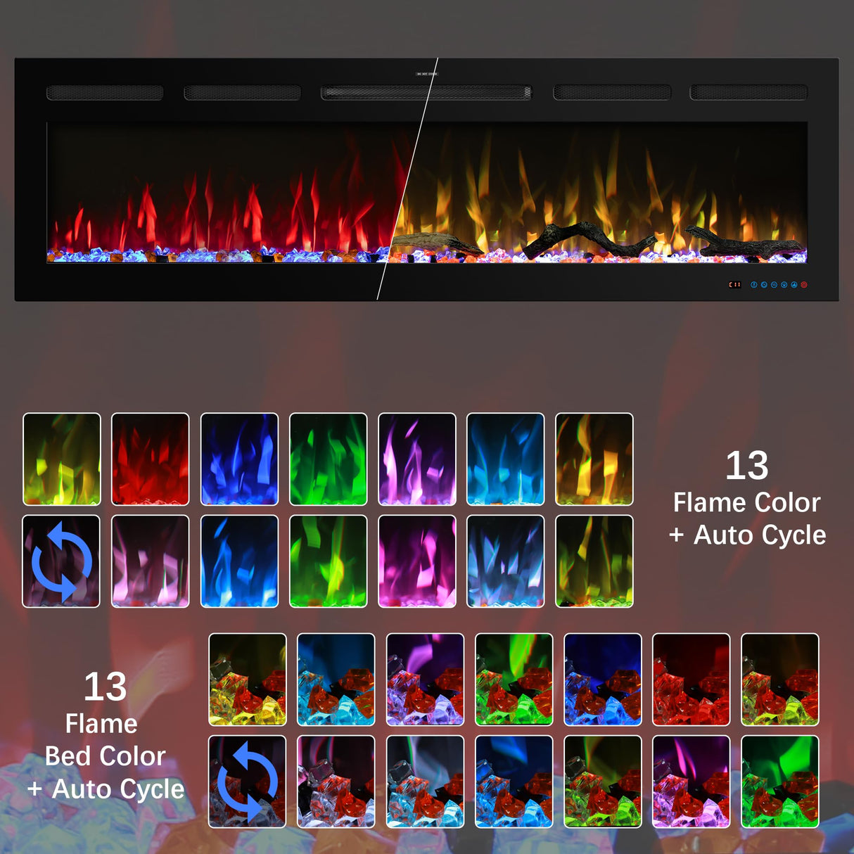 Velaychimney 60" Smart WiFi Electric Fireplace Insert, 13 Flame & Fuel Bed with Automatic Cycle, Fireplace Heater with APP Control & Thermostat, Timer, Recessed and Wall Mounted Velaychimney