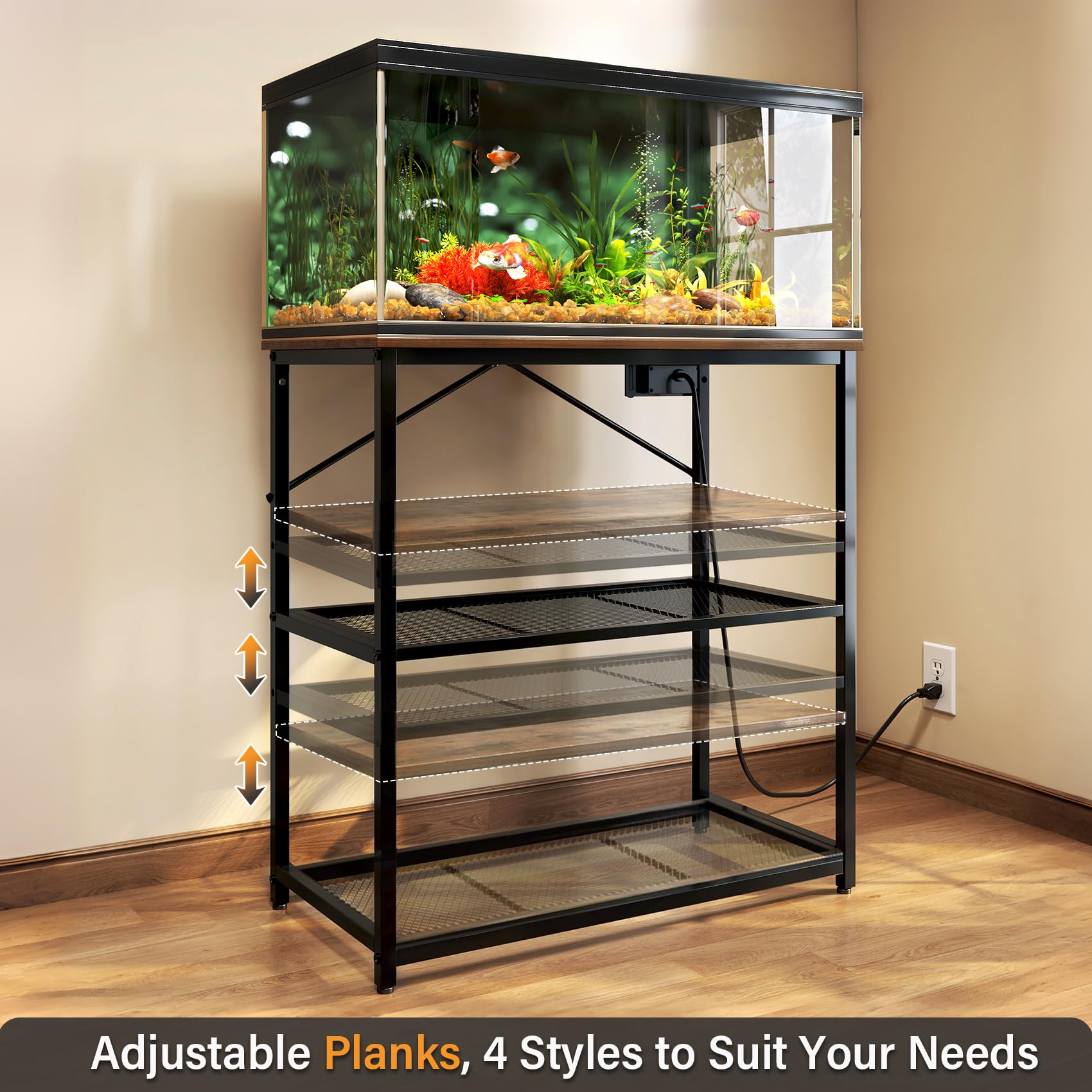 TC-HOMENY Fish Tank Stand 10-30 Gallon, Aquarium Stand with Charging Station,1000LB Capacity ,31" L x 16" W Metal Reptile Tank Stand, Double Storage Design Adjustable Boards, Brown(Tank not I - WoodArtSupply