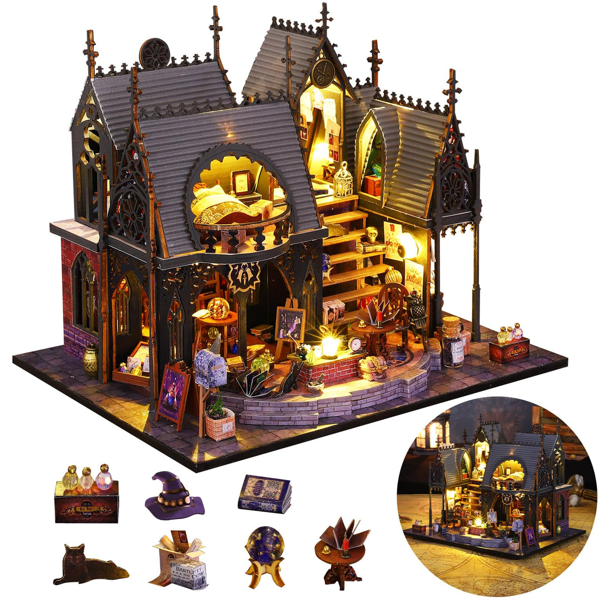 DIY Miniature House Kit, Tiny for Adults to Build, 3D Wooden Puzzles Dollhouse Bookshelf Insert Decor Alley-Creativity Kit with LED Light for Family and Friends (Luna's Magic House) FLYINTOYS