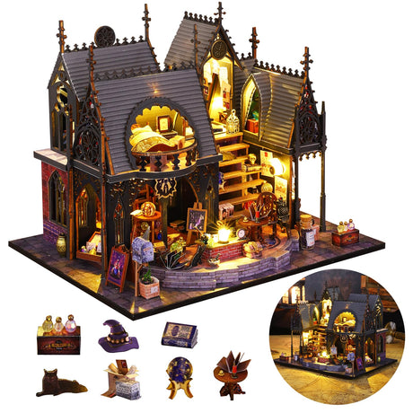 DIY Miniature House Kit, Tiny for Adults to Build, 3D Wooden Puzzles Dollhouse Bookshelf Insert Decor Alley-Creativity Kit with LED Light for Family and Friends (Luna's Magic House) FLYINTOYS