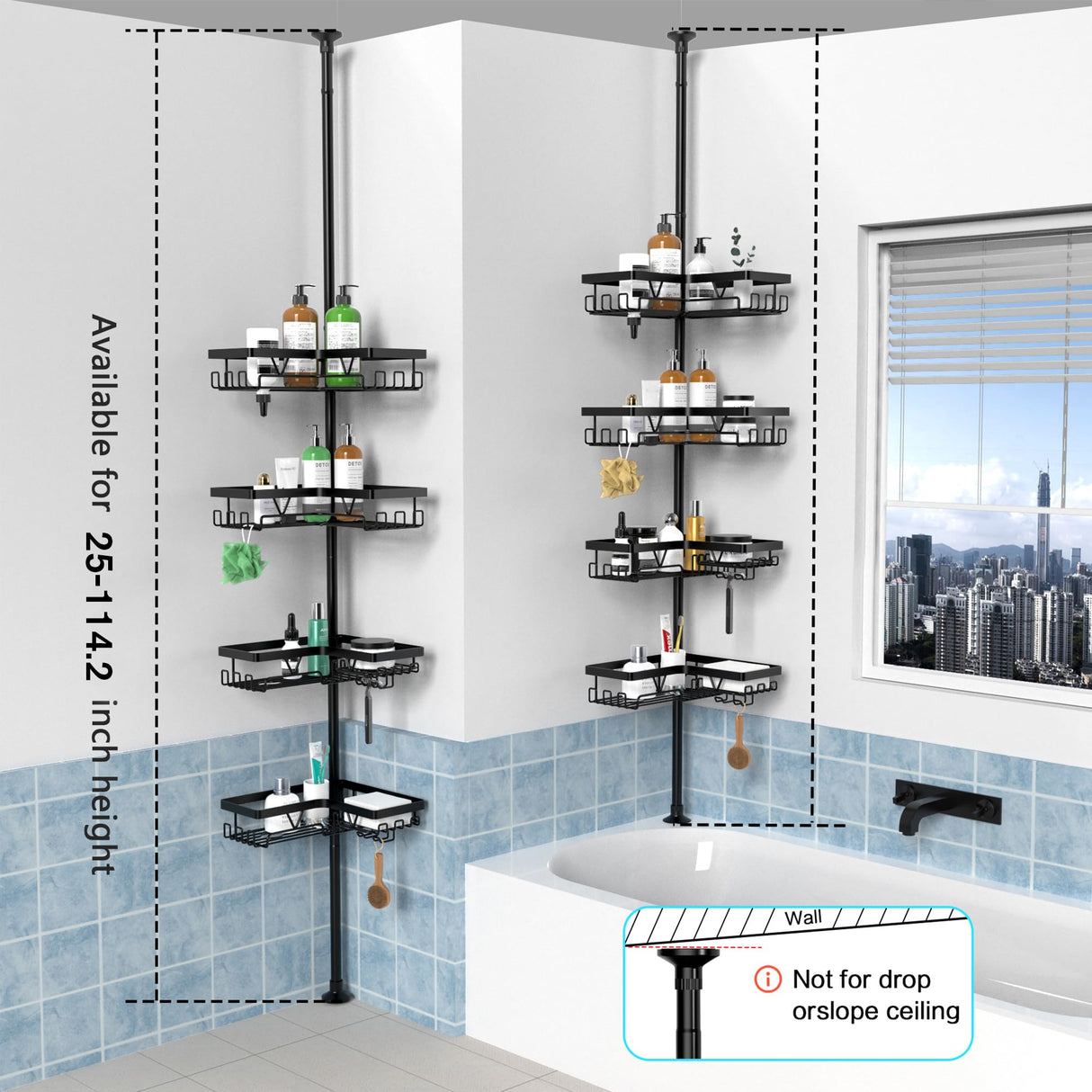KEGII Corner Shower Caddy Tension Pole - Shower Tension Rod Organizer, Floor to Ceiling Shower Caddy 25-114.2 inch, Towel Rack Corner Waterproof, Black KEGII