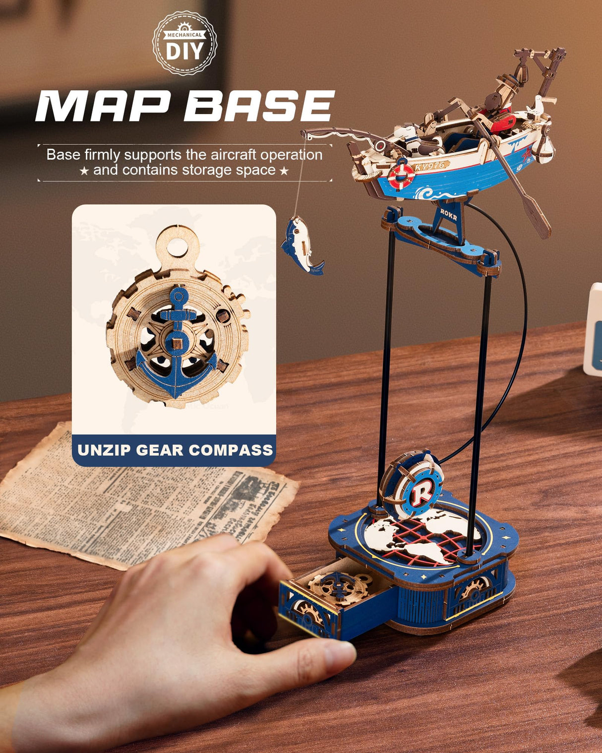 ROKR 3D Wooden Puzzles for Adults,Gravity Swing Ocean Fisher Model kit, 161Piece 3D Puzzles for Adults ROKR