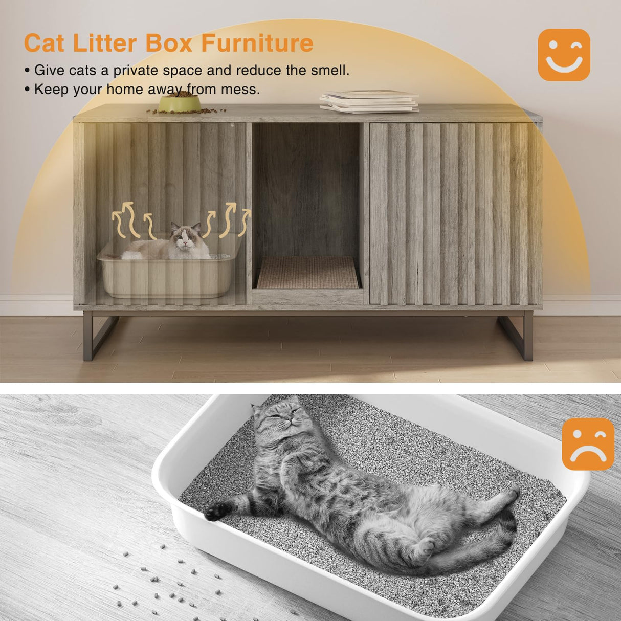 Cat Litter Box Enclosure for 2 Cats, 47.6’’ Litter Box Furniture Hidden with Scratch Pad, Double Room Large Cat Cabinet, Indoor Pet House TV Stand Side Table,Washroom,Grey Halitaa