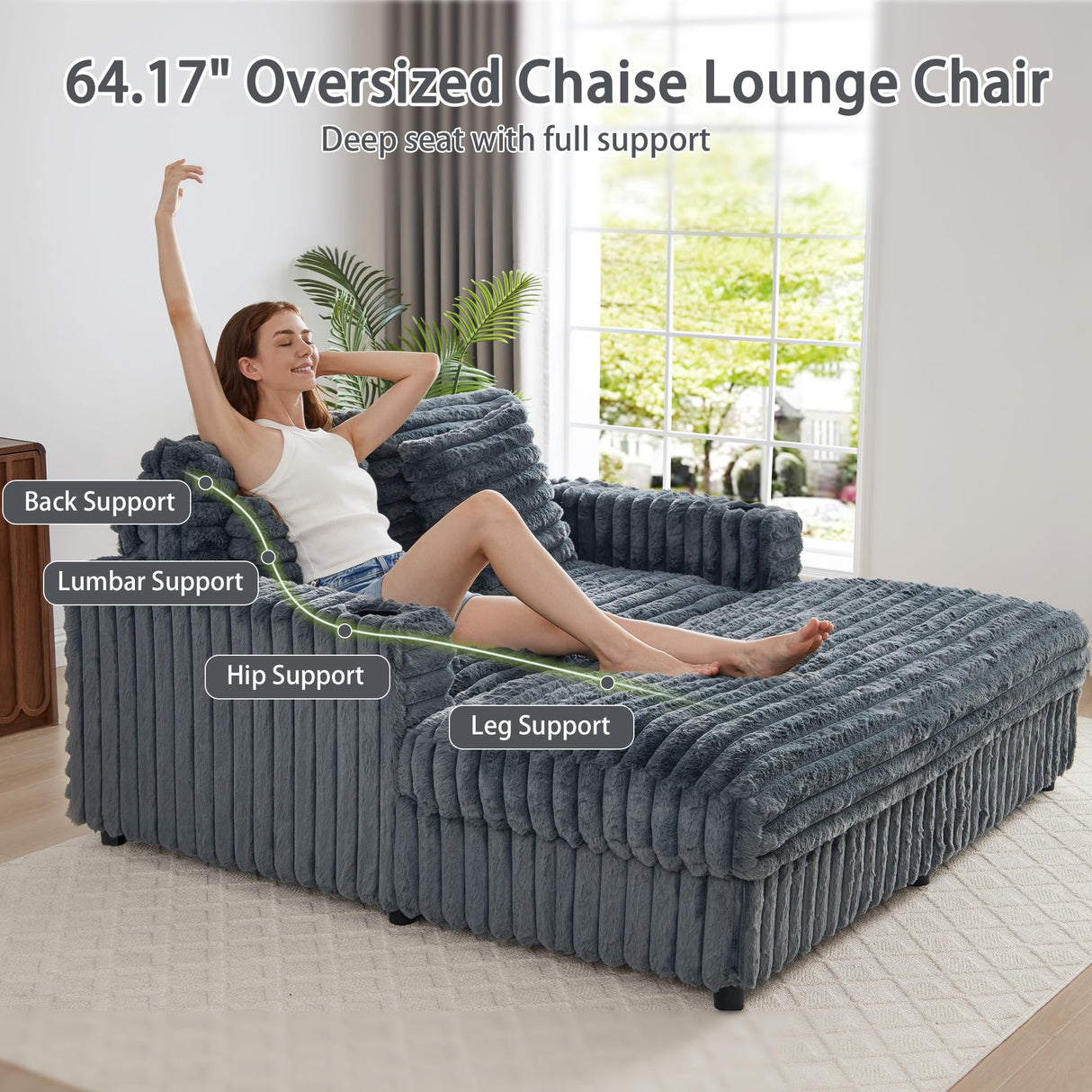 RARZOE 64'' Oversized Chaise Lounge Chair Indoor, Plush Faux Rabbit Fur Sleeper Sofa Bed with 4 Pillows, Charging Station & Cup Holders, Fluffy Comfy Cloud Couch Loveseat Sofa for Living Room,Grey RARZOE