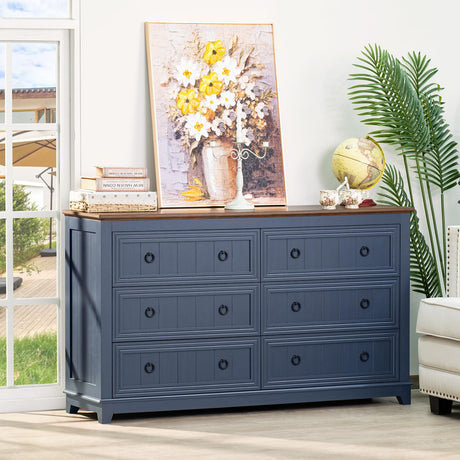 Joaxswe Farmhouse 6 Drawers Dresser for Bedroom, 58 Inch Wide Wood Dresser Chest of Drawers, Vintage Design TV Stand, Rustic Storage Dressers Organizer for Bedroom, Living Room, Hallway - Blue Joaxswe