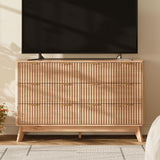 TROJM 47'' Wide 6 Drawers Dresser for Bedroom,Modern Fluted Vertical Chest with Rounded Corners,Fluted Dresser for Living Room,Hallway, Natural Wood TROJM