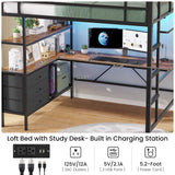 DICTAC Loft Bed Full Size with L-Shaped Desk and Charging Station Full Metal Bed Frame with LED Lights,Open Shelves and 3 Fabric Storage Drawers,Loft Beds with Top Bunk -Safety Guard & Stairs,Black DICTAC